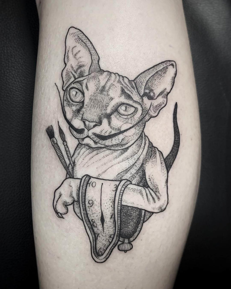Salvador Dali cat with melting clock tattoo